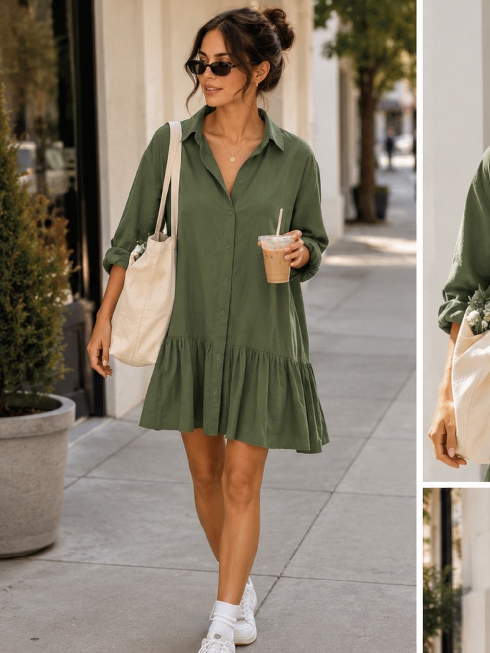 Zara Olive Green Button-Front Ruffle Hem Shirt Dress